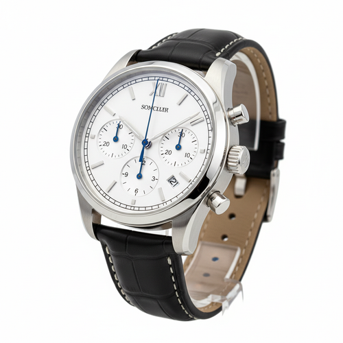Classic chronograph watch with black leather strap