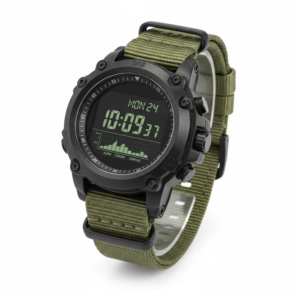 Military tactical watch with olive green strap
